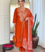 Dark-orange embroidered anarkali