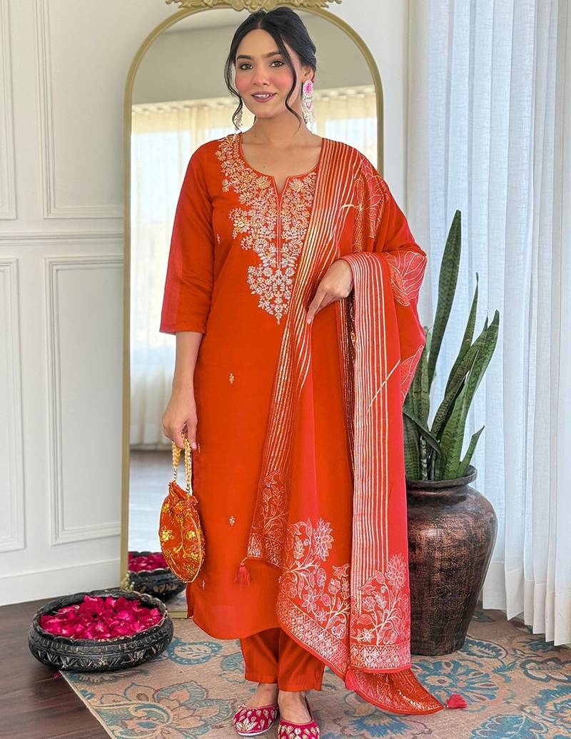 Dark-orange embroidered anarkali