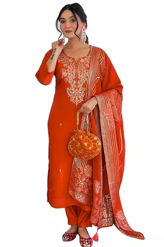 Dark-orange embroidered anarkali