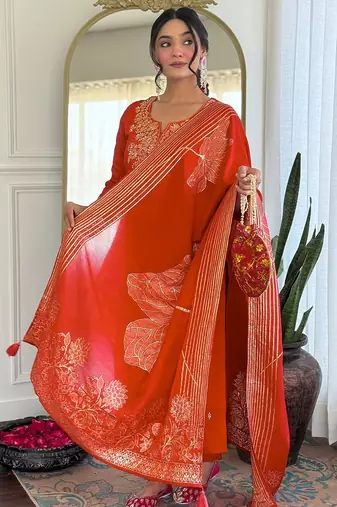 Dark-orange embroidered anarkali