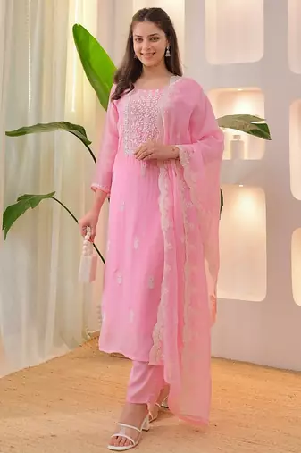 Baby-pink festive suit with heavy dupatta