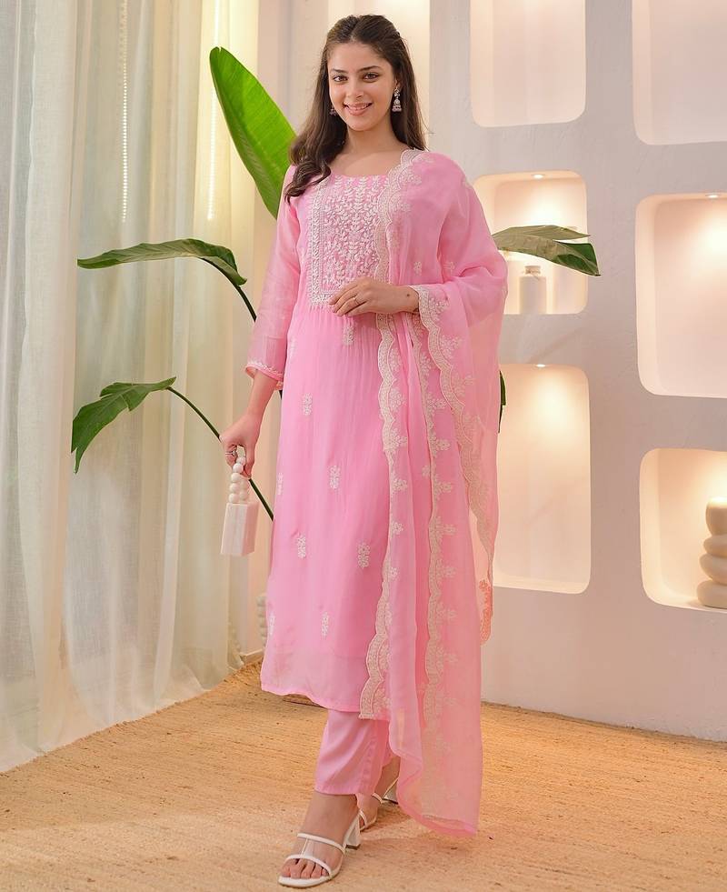 Baby-pink festive suit with heavy dupatta