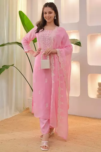 Baby-pink festive suit with heavy dupatta