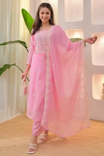Baby-pink festive suit with heavy dupatta