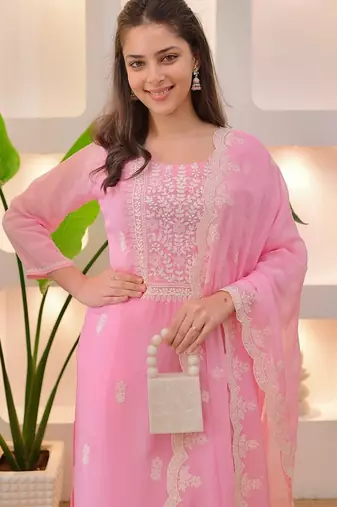 Baby-pink festive suit with heavy dupatta