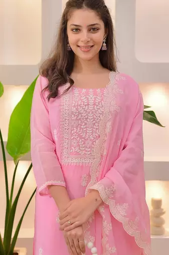 Baby-pink festive suit with heavy dupatta