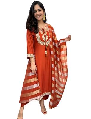 Rust orange ethnic suit with striped dupatta 2
