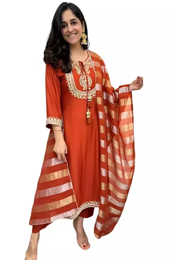 Rust orange ethnic suit with striped dupatta