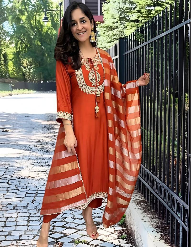 Rust orange ethnic suit with striped dupatta