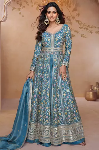 Sky embroidered silk free size stitched anarkali suit