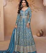 Sky embroidered silk free size stitched anarkali suit
