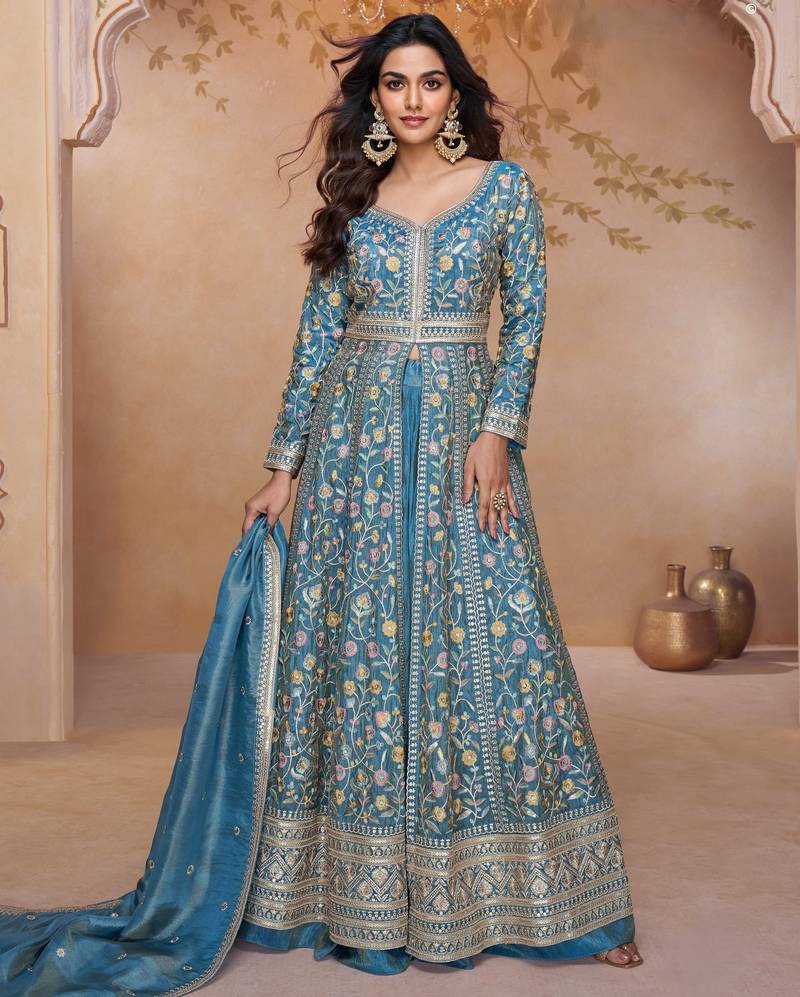 Sky embroidered silk free size stitched anarkali suit