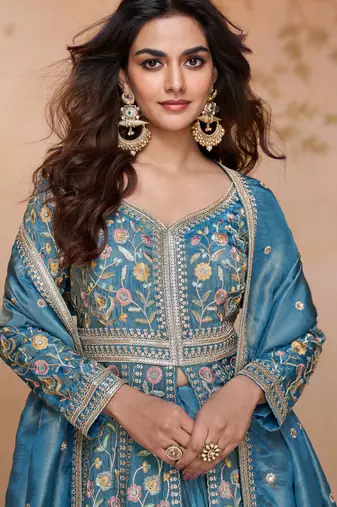 Sky embroidered silk blend free size stitched anarkali suit