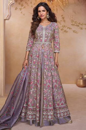 Lavender embroidered silk free size stitched anarkali suit