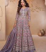 Lavender embroidered silk free size stitched anarkali suit