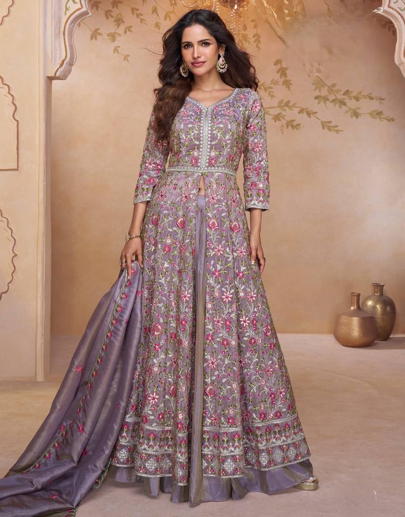 Lavender embroidered silk free size stitched anarkali suit