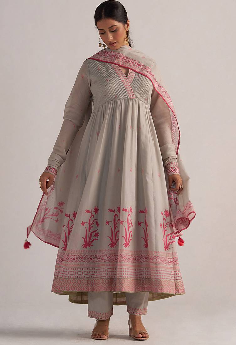 Grey mul-mul anarkali kurta set
