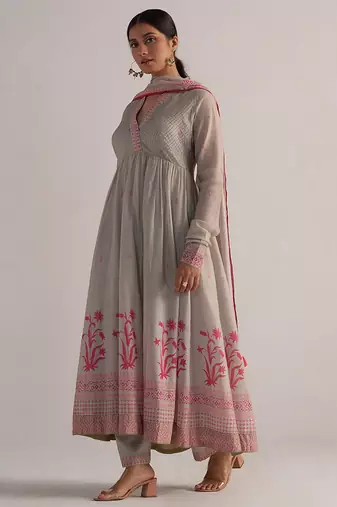 Grey mul-mul anarkali kurta set