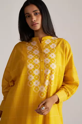 Yellow and cream mul-mul print co-ord set