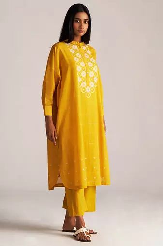 Yellow and cream mul-mul print co-ord set