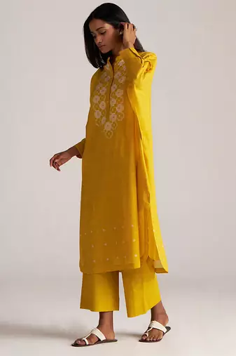 Yellow and cream mul-mul print co-ord set