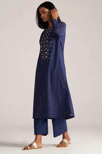 Blue and off white mul-mul print co-ord set