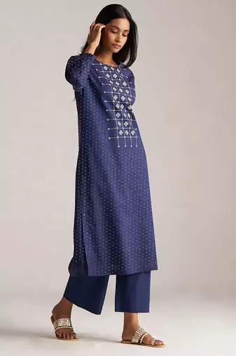 Blue and off white mul-mul print co-ord set