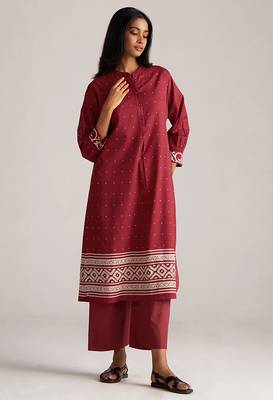 Maroon and off white mul-mul print co-ord set 1
