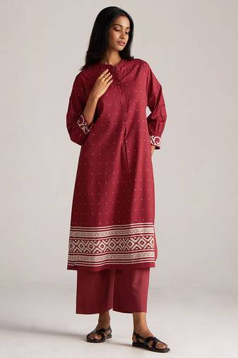 Maroon and off white mul-mul print co-ord set