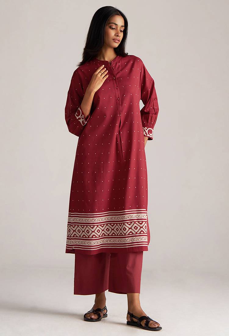 Maroon and off white mul-mul print co-ord set