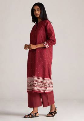 Maroon and off white mul-mul print co-ord set 3