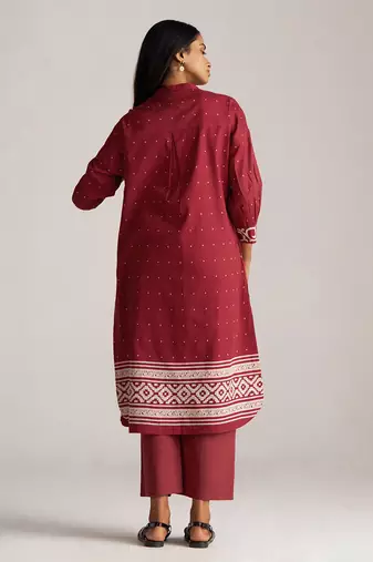 Maroon and off white mul-mul print co-ord set