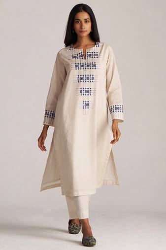 Beige and blue mul-mul print co-ord set