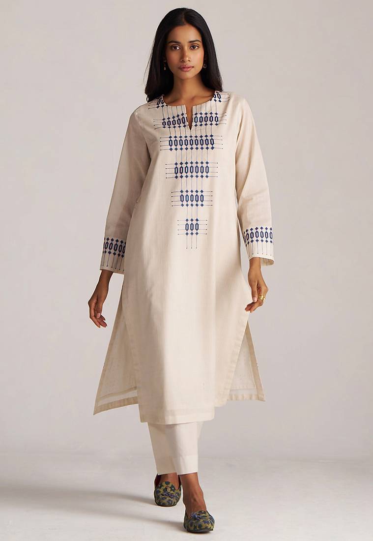 Beige and blue mul-mul print co-ord set