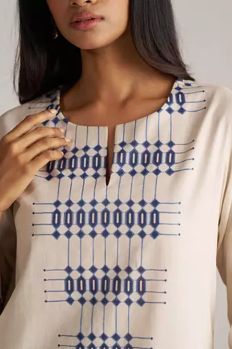 Beige and blue mul-mul print co-ord set
