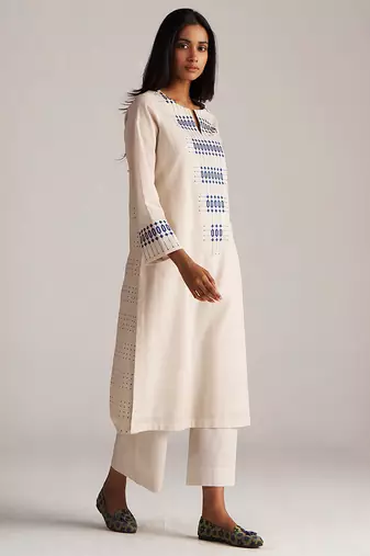 Beige and blue mul-mul print co-ord set