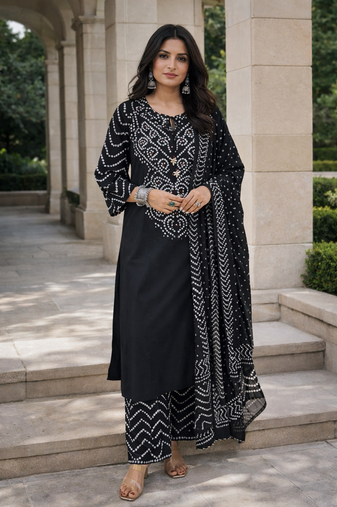 Straight cotton printed kurta with pant and dupatta