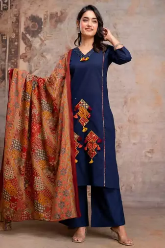 Straight cotton printed embroiderd kurta pant and dupatta set
