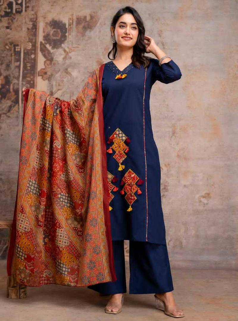 Straight cotton printed embroiderd kurta pant and dupatta set