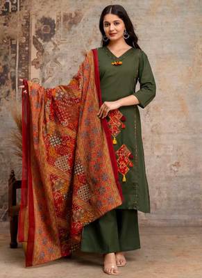 Straight cotton printed embroiderd kurta pant and dupatta set 2