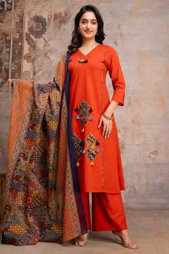 Straight cotton printed embroiderd kurta pant and dupatta set
