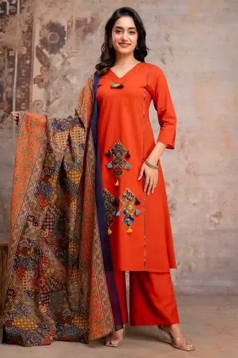 Straight cotton printed embroiderd kurta pant and dupatta set