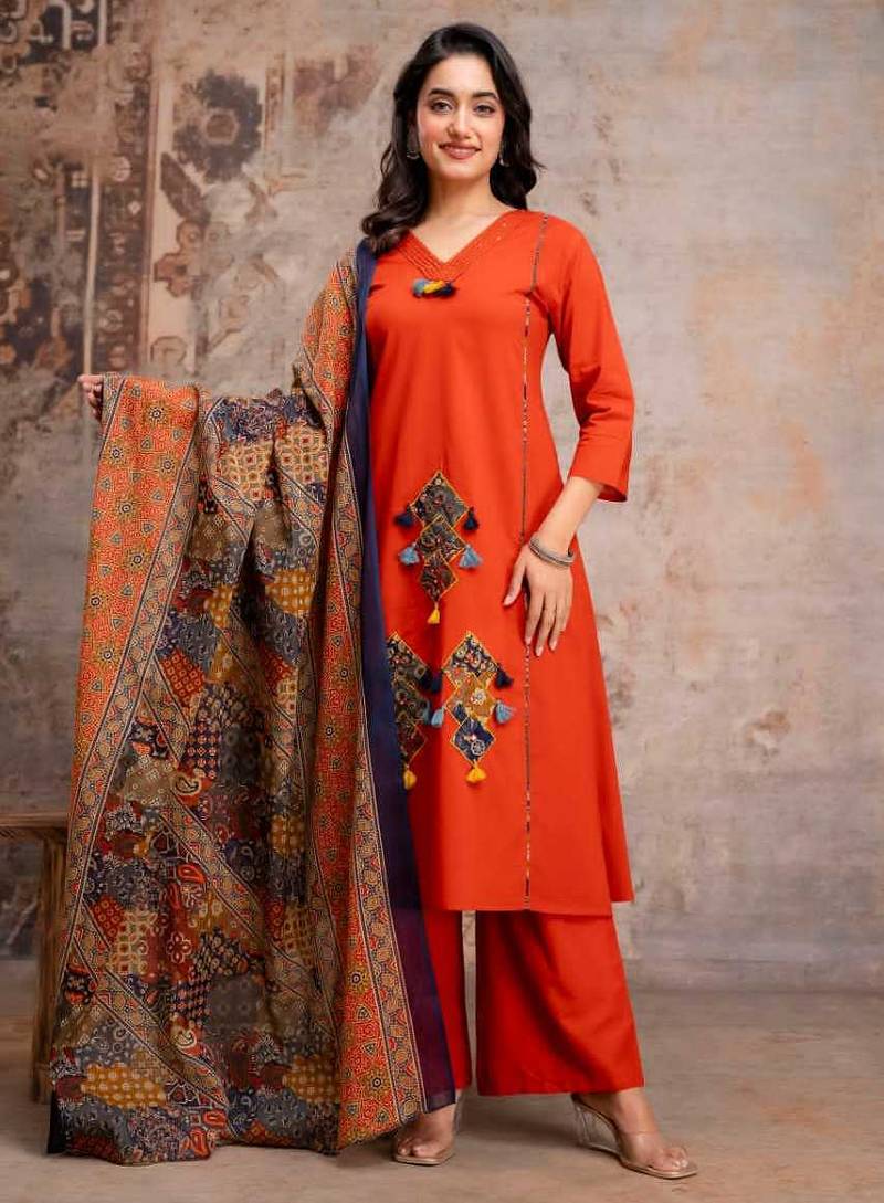 Straight cotton printed embroiderd kurta pant and dupatta set