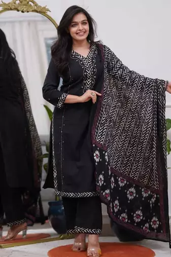 Straight cotton printed embroiderd kurta pant and dupatta set