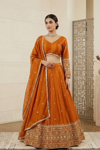 Mustard Orange Japan satin Lehenga Choli with Thread and Sequin Work