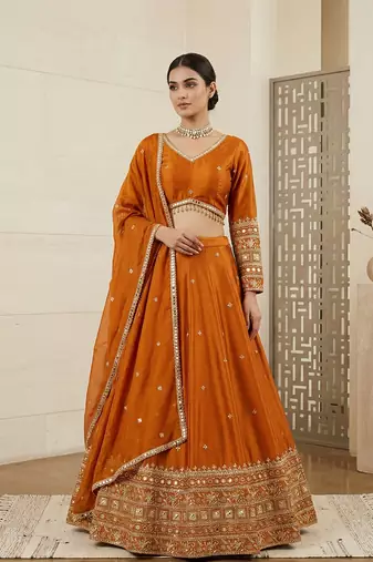 Mustard Orange Japan satin Lehenga Choli with Thread and Sequin Work