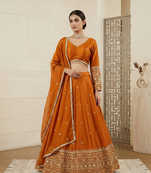 Mustard Orange Japan satin Lehenga Choli with Thread and Sequin Work