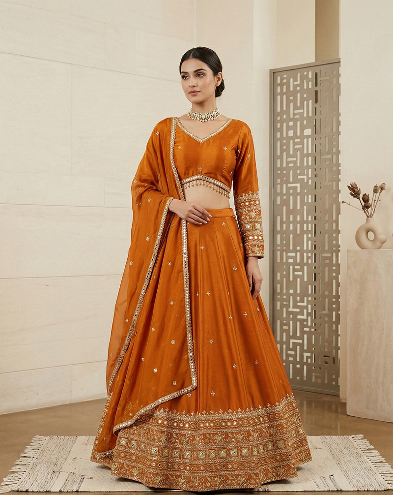 Mustard Orange Japan satin Lehenga Choli with Thread and Sequin Work
