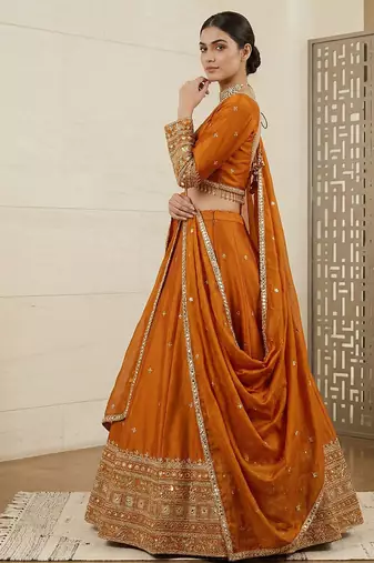 Mustard Orange Japan satin Lehenga Choli with Thread and Sequin Work