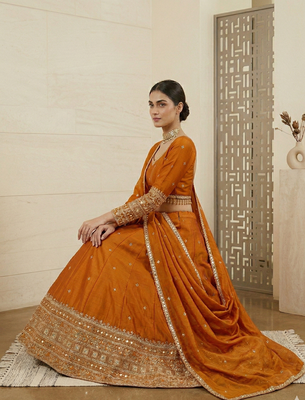 Mustard Orange Japan satin Lehenga Choli with Thread and Sequin Work 3